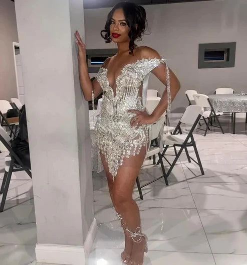 Silver Sheer African Cocktail Dresses Beaded Birthday Party Gowns Shor – CHUMUSE