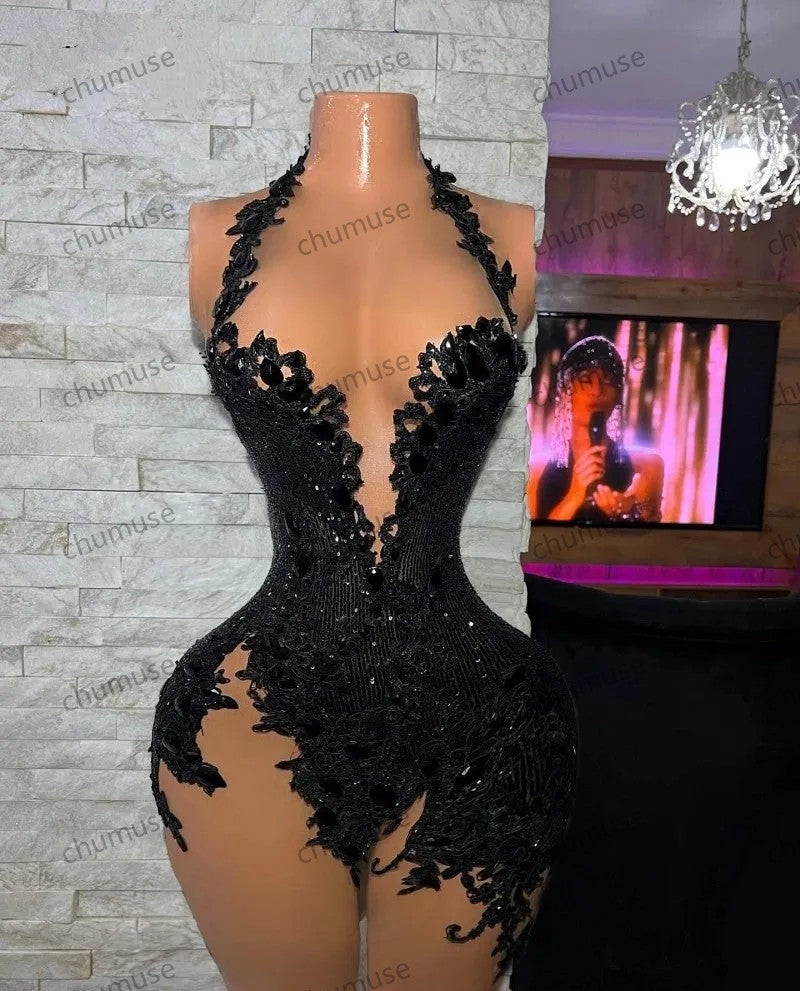 Customized Little Black Dress Sparkly Mini Evening Cocktail Dresse for Black Girl Luxury Gillter Applique Birthday Gala Gown