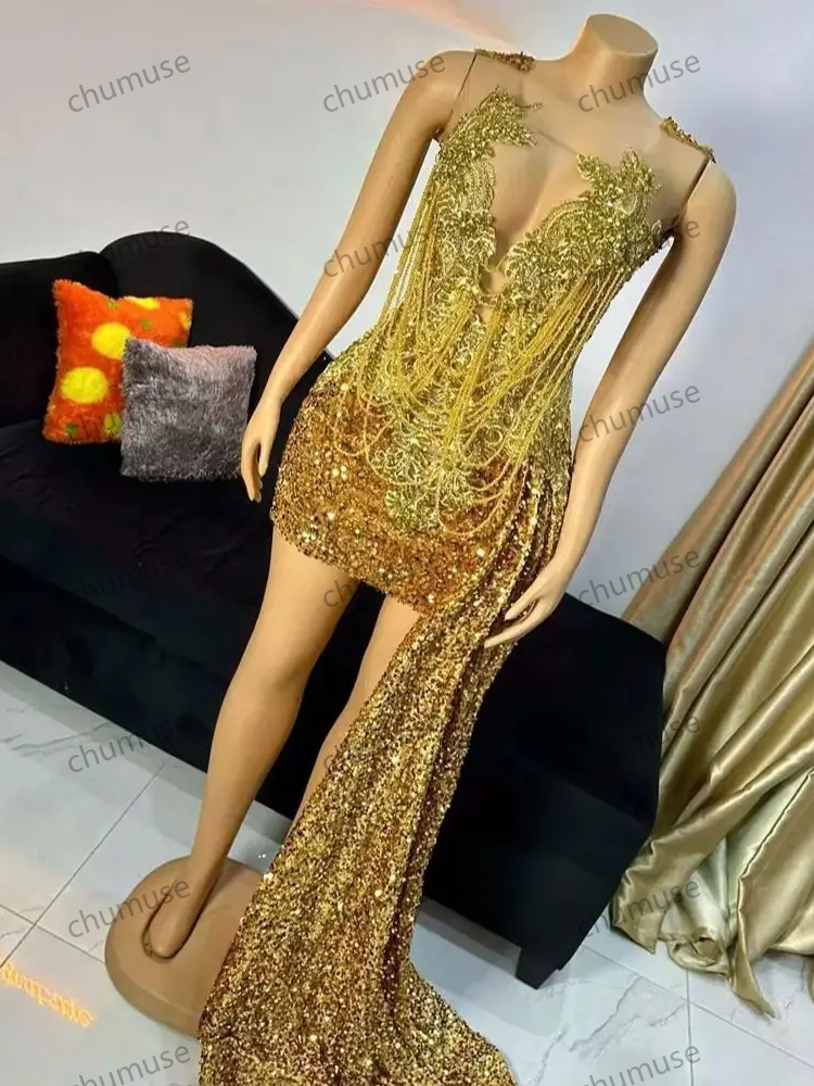 Robe fourreau à paillettes dorées scintillantes personnalisées pour filles, col en perles, appliques en dentelle, robe de bal courte