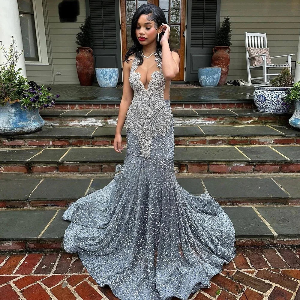 Sexy Gray Prom Dresses 2025 Crystal Long Mermaid Party Dress Beaded Evening Gowns African Girls Luxury Customized