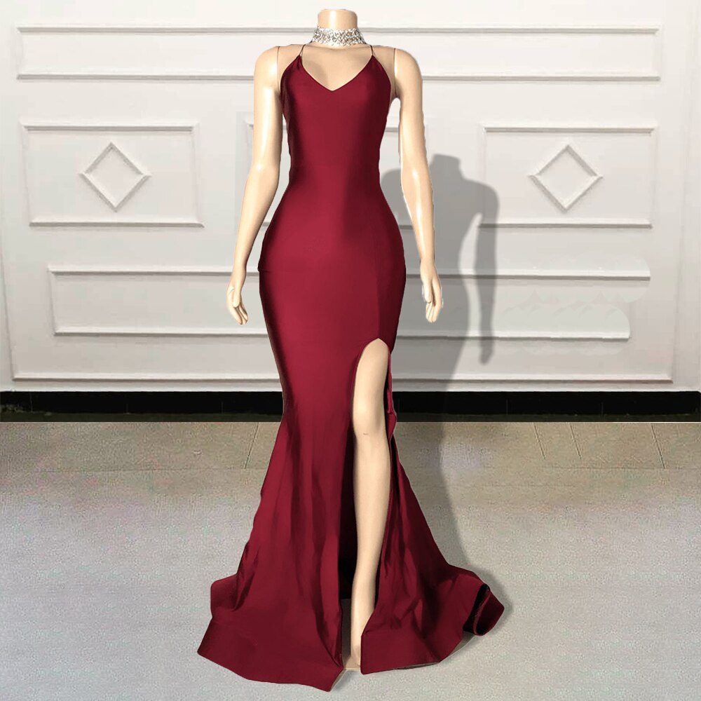 Robe de soirée élégante et longue style sirène, col en V, dos nu, fente haute, sur mesure, pour femme