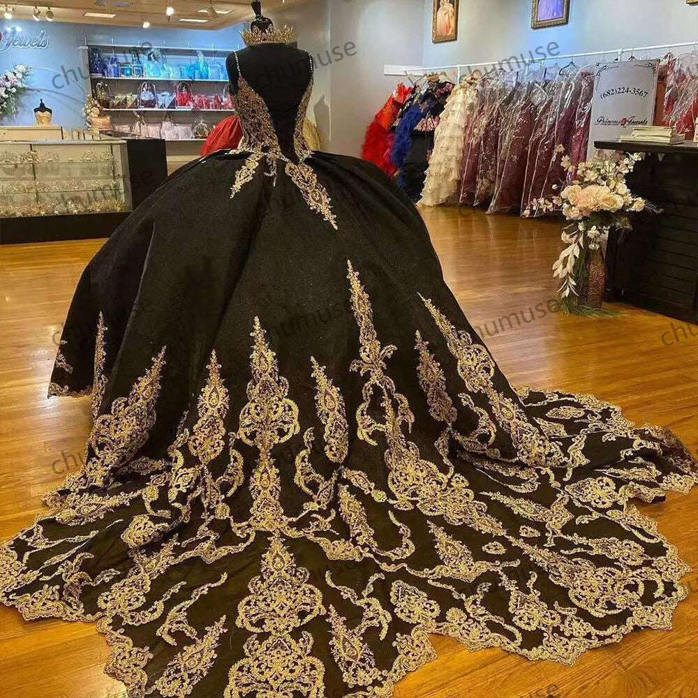 Beading Quinceanera Dresses Gold Sequin Applique With Cape