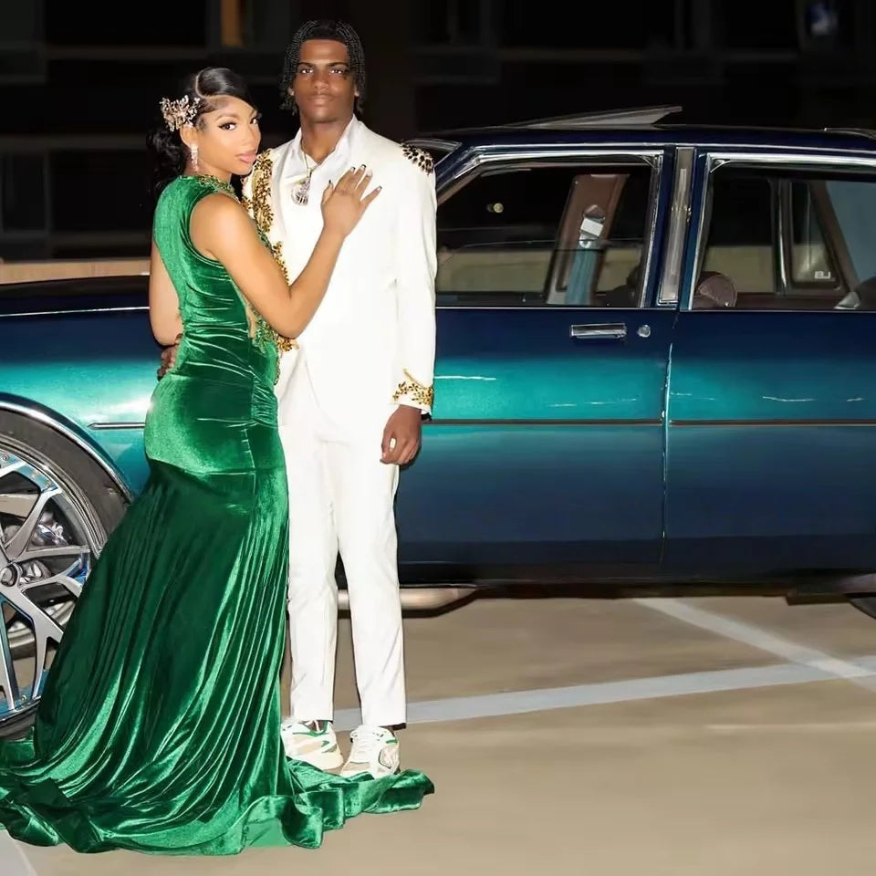 Exquisite Dark Green Velvet Mermaid Prom Dresses African Girls 2025 Crystal Wedding Party Gowns Customized