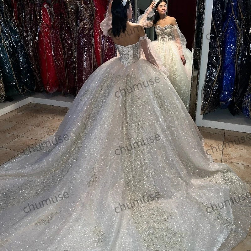 Vestidos de quinceañera con cuentas de cristal, manga larga, encaje, princesa Cenicienta, cumpleaños