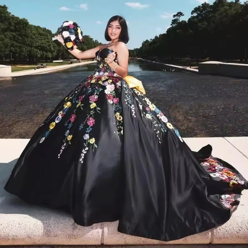 Black Quinceanera Dresses Colorful Floral Applique Satin Ball Gown Sweet 16 Mexican Girsl Vestidos 15 Anos Customized