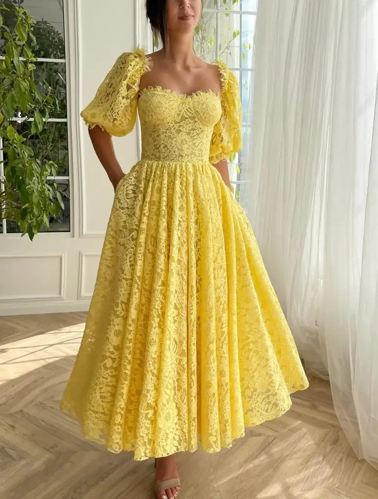 Cocktail Dresses Strapless Yellow Lace Satin Sexy Sweetheart Long Evening Dress Women Elegant Pleat Button Party Prom Dress