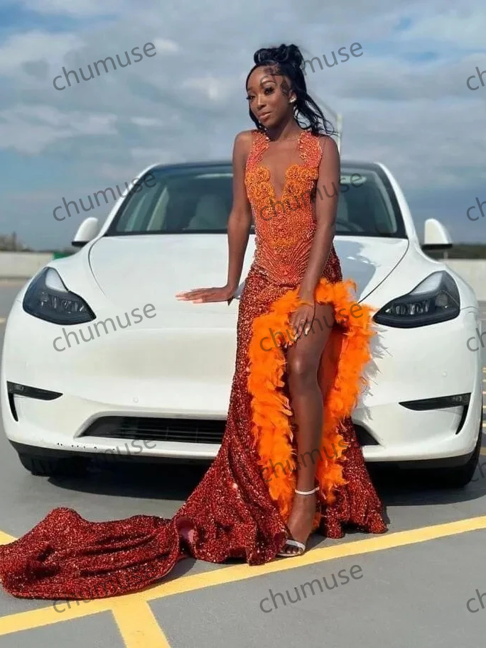 Orange Sparkly Long Evening Birthday Dresses for Black Girl CHUMUSE Orange Sparkly Long Evening Birthday Dresses for Black Girl CHUMUSE
