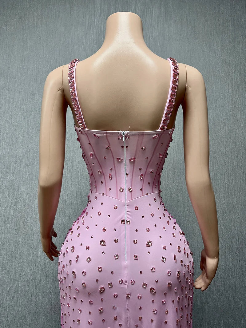 Women Luxury Pink Spaghetti Strap Crystal Drapped Open Leg Bright Long Comfortable Soft Birthday Celebrity Evening Party Gowns