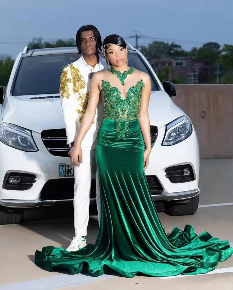 Exquisite Dark Green Velvet Mermaid Prom Dresses African Girls 2025 Crystal Wedding Party Gowns Customized