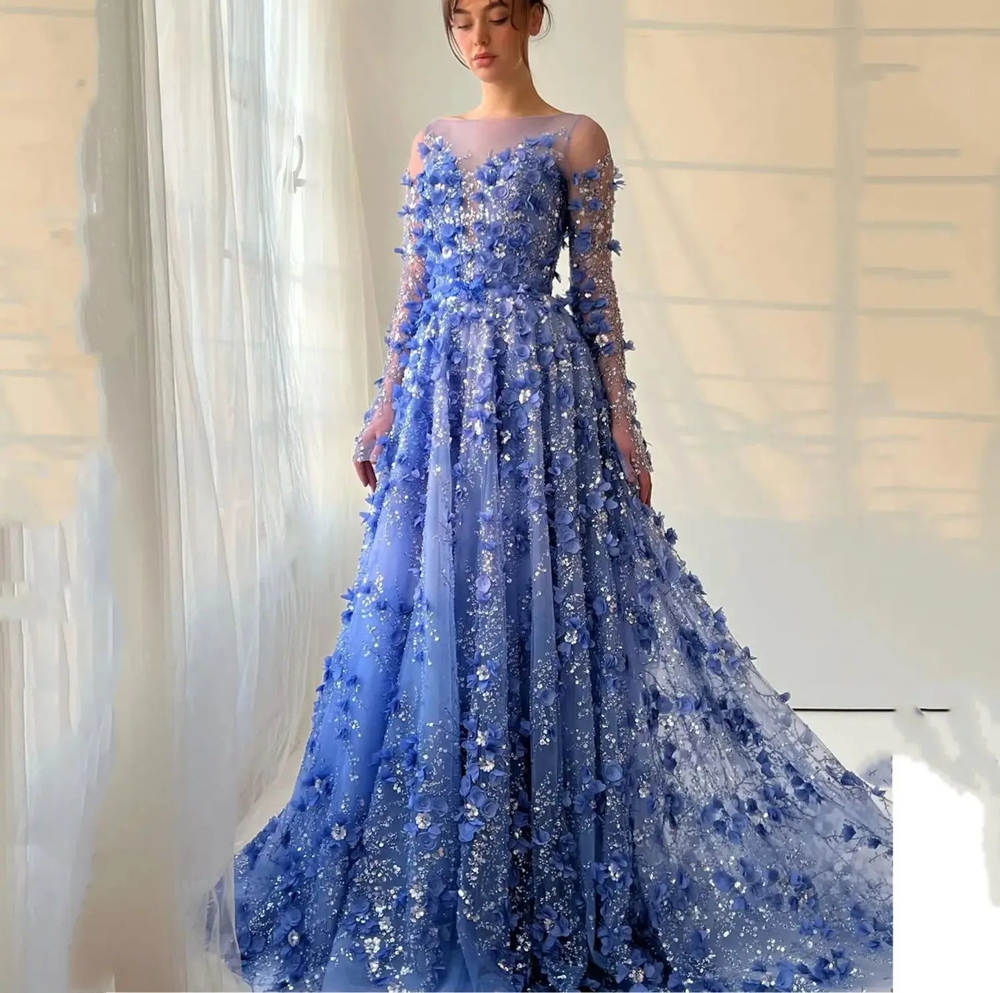 Gala Blue Very Luxurious Evening Dresses for Special Occasions Customized 3D Flowers Bead Embroidery Prom Dress