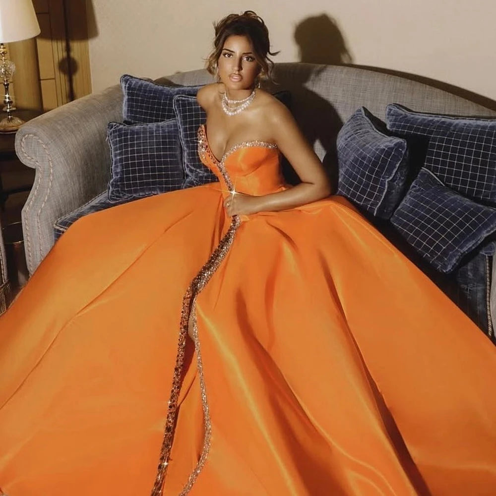 Customized Sparkly Sequined Strapless Orange A-line Satin Evening Dresses Backless Sleeveless Floor Length Party Prom Gowns