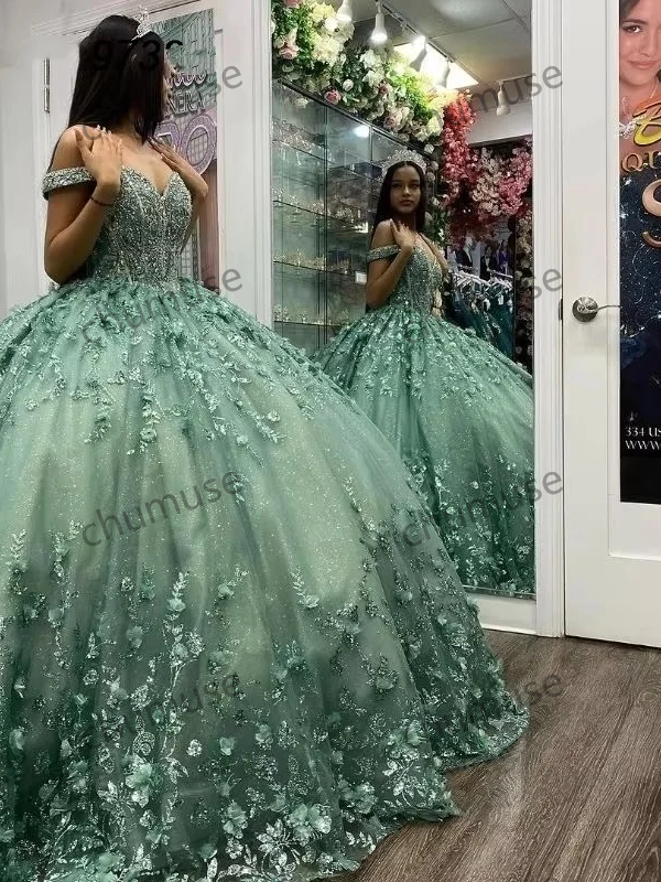 Robe de Quinceanera vert sauge, robe de bal, paillettes, dentelle, appliques, perles, Mexique, Sweet 16