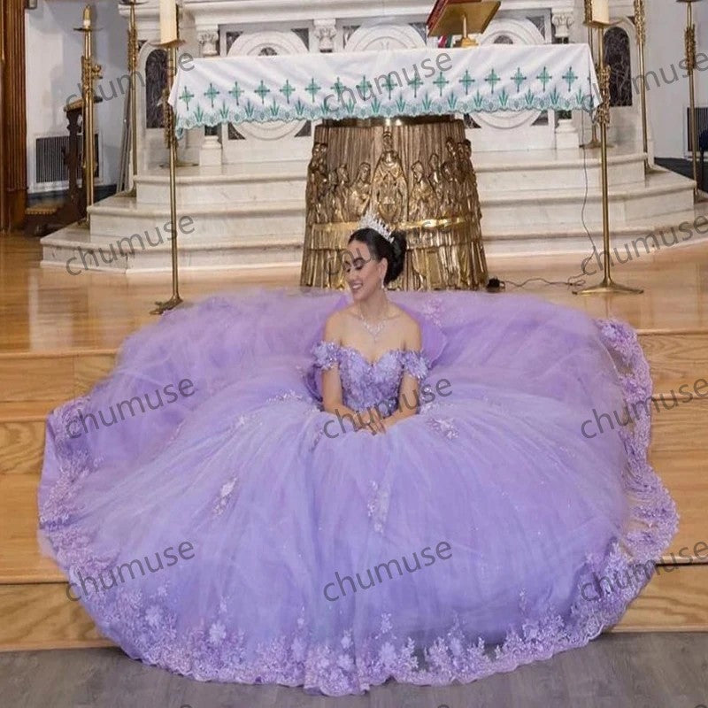 Lilac Quinceanera Dresses 3D Appliqued Sweet 16 Dress Lace-Up Big Bow Birthday Party