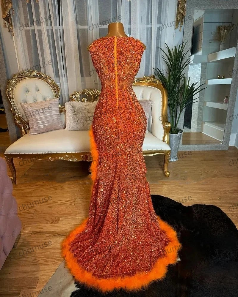 Orange Luxury African Evening Reception Dresses for Women Sparkly Diamond Feather Velvet Slit Prom Gown Black Girl