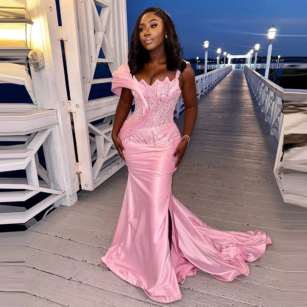 Pink Aso Ebi Prom Dresses With Appliques Lace Sequins Satin African Birthday Party Gowns Satin Side Slit Plus Size Evening Dress