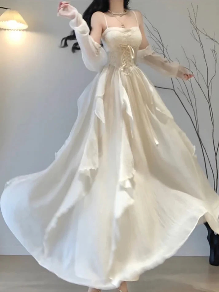 Vestido vintage color marfil con tirantes finos y corte en A para fiestas, vestidos de cumpleaños, conjuntos de cumpleaños