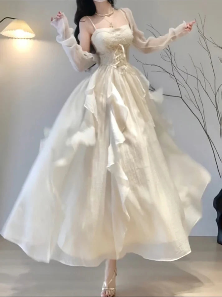 Vestido vintage color marfil con tirantes finos y corte en A para fiestas, vestidos de cumpleaños, conjuntos de cumpleaños