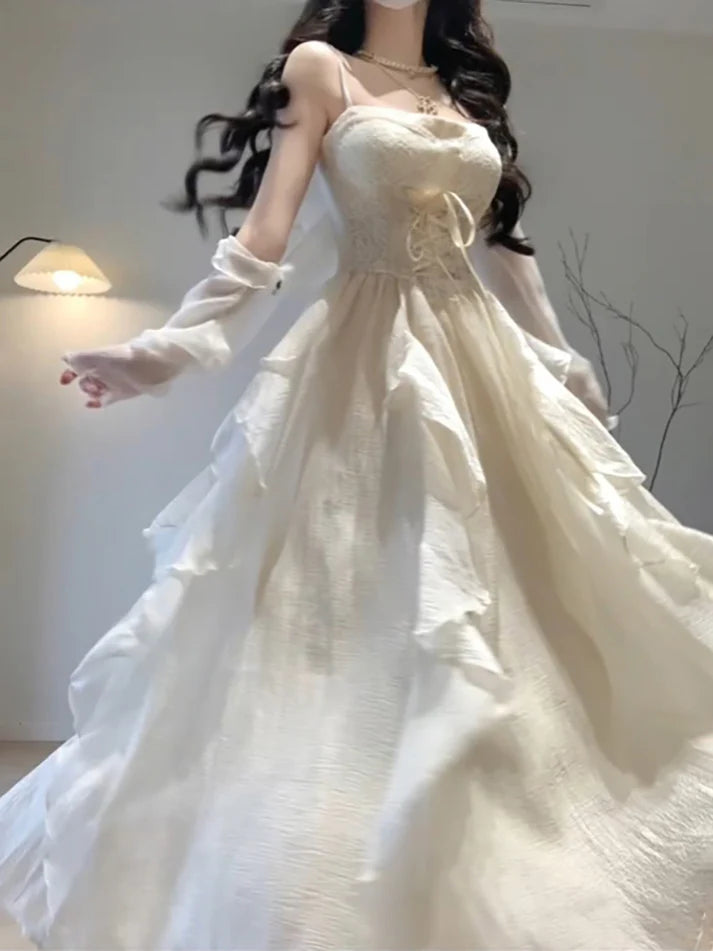 Vestido vintage color marfil con tirantes finos y corte en A para fiestas, vestidos de cumpleaños, conjuntos de cumpleaños