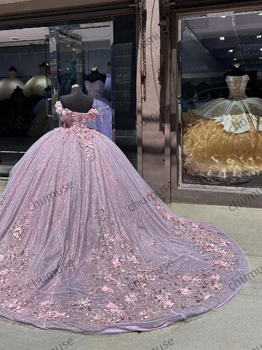 Vestido de quinceanera lavanda brilhante princesa ombro a ombro com apliques de renda e contas para baile de 16 anos