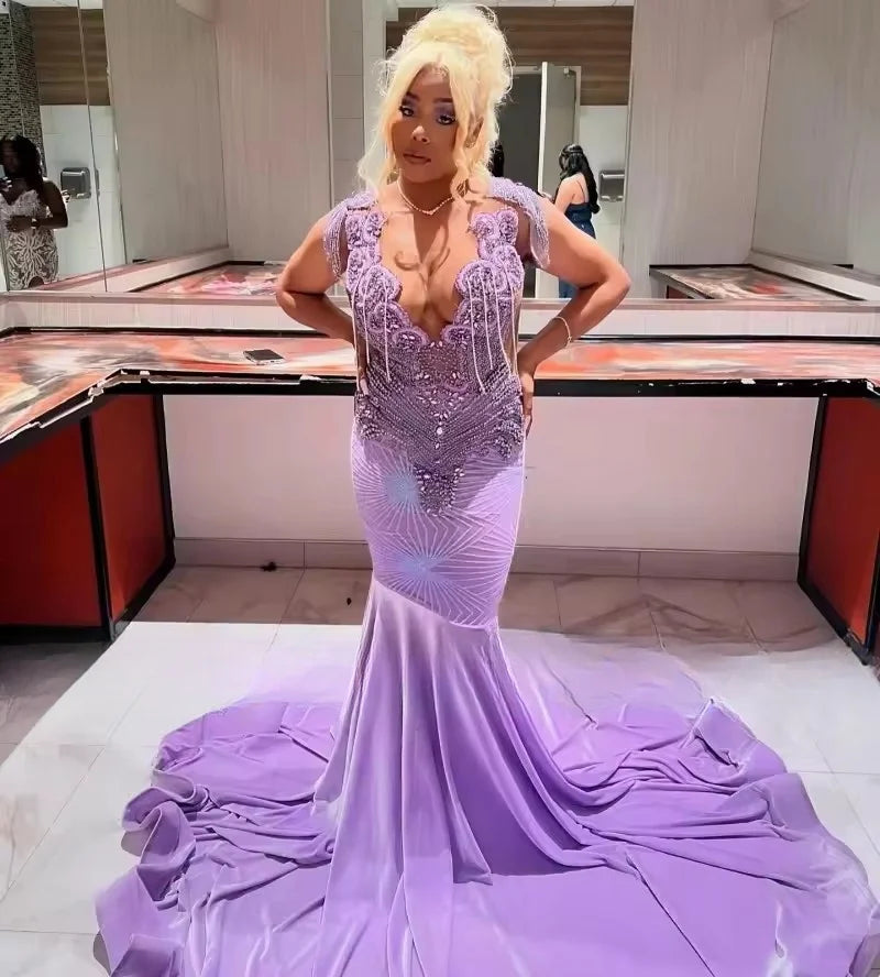 Robe de soirée élégante lilas 2025, robe sirène en velours et strass, robe de soirée longue violet clair, personnalisée