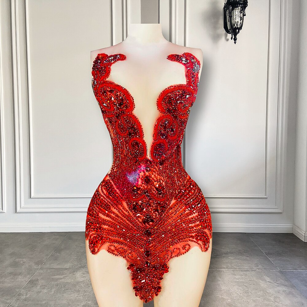Vestidos de fiesta de cóctel de lujo transparentes para mujer, vestidos de fiesta de cumpleaños con escote redondo transparente y brillantes diamantes negros para niña, vestidos de fiesta cortos rojos para niña