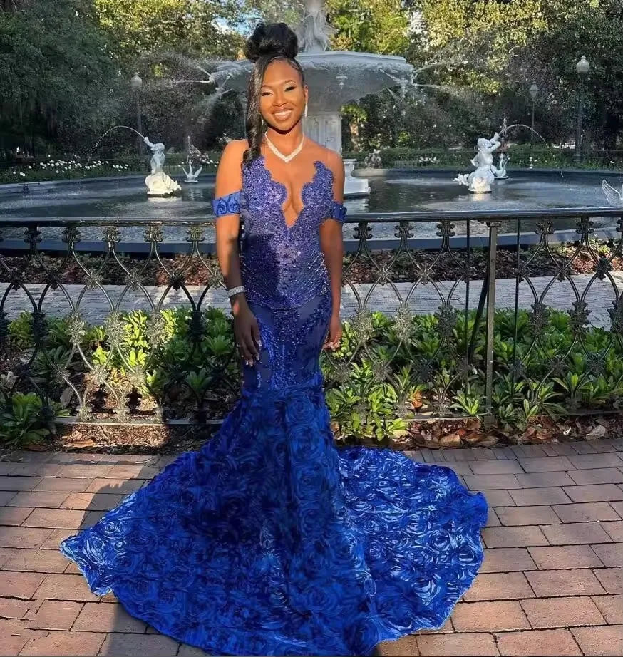 Royal Blue Sparkly African Prom Reception Dresses Luxury Diamond Crystal 3D Rose Train Evening Birthday Gala Gown customsized