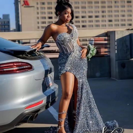 Giltter Gray Mermaid Prom Dresses Sequins Rhinestone Slit Gala Cocktail Party Dress Vestidos De Fiesta Customized