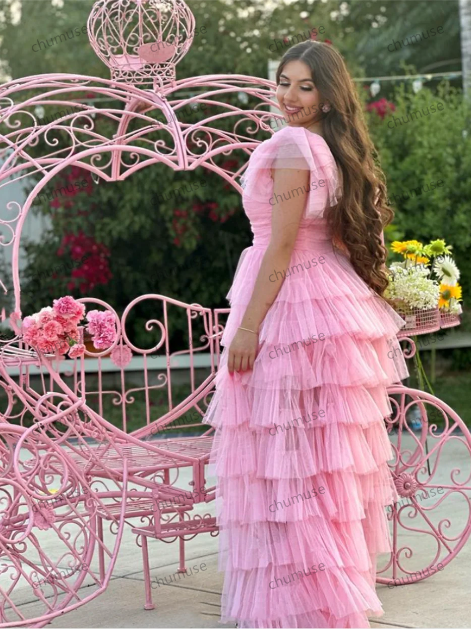 Sweetheart High And Low Prom Dress Vestidos De Noche Pink Tulle Multi-layer Evening Dress Corset Party Dress Customized