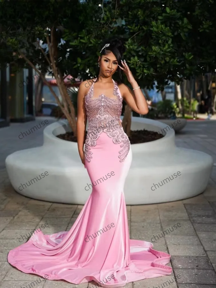 Robe de bal sirène rose avec perles et strass pour anniversaire, noire