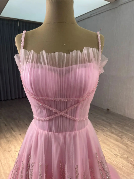 Pink A-line Spaghetti Straps Evening Dresses Woman Elegant Saudi Arabia Wedding Guest Dress