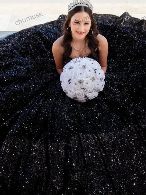 Sparkling Black Quinceanera Dress Princess Prom Ball Gown Sequined Sweet 16 XV Years Old Miss Birthday Dress Pageant Mexica