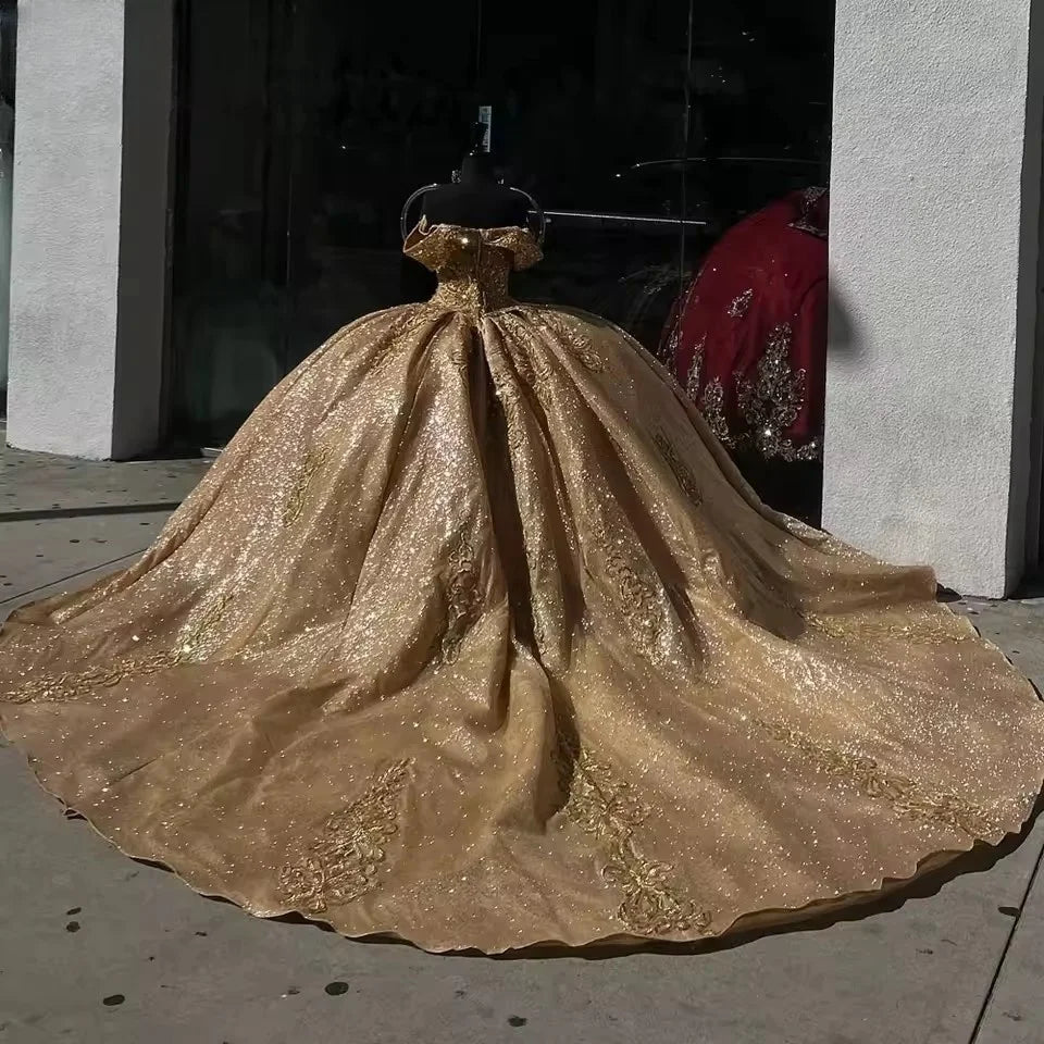 Glittering Gold Ball Gown Quinceanera Dresses Vestidos De 15 Anos Appliques Birthday Princess Party Customized