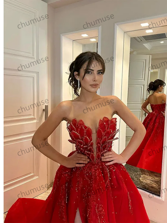 Luxury Red Evening Dresses Sexy Strapless A Line Formal Prom Dress Thigh Split Sweep Train