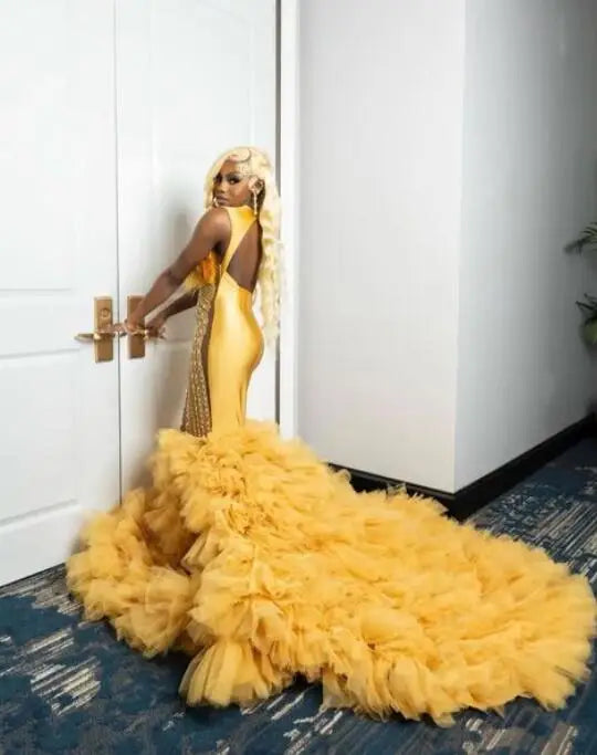 Superbes robes de bal sirène à col transparent, appliques en dentelle, volants perlés, traîne, robes de soirée dos nu pour femmes, robes de soirée formelles