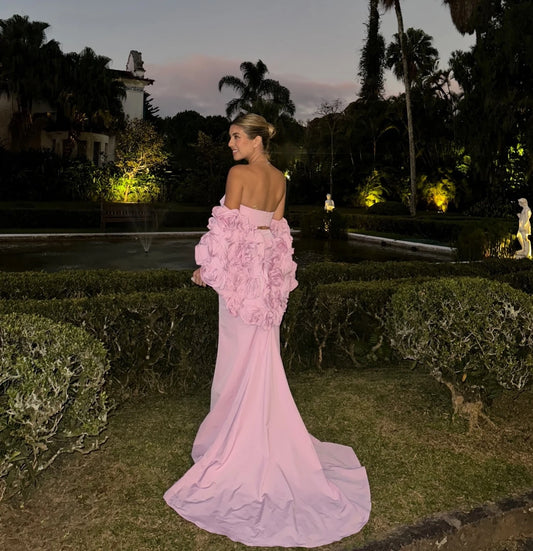 Sexy Pink Three Pieces Prom Dresses With Flower Cape Ruffles Mermaid Long Evening Dressing Gowns Maternity Dress