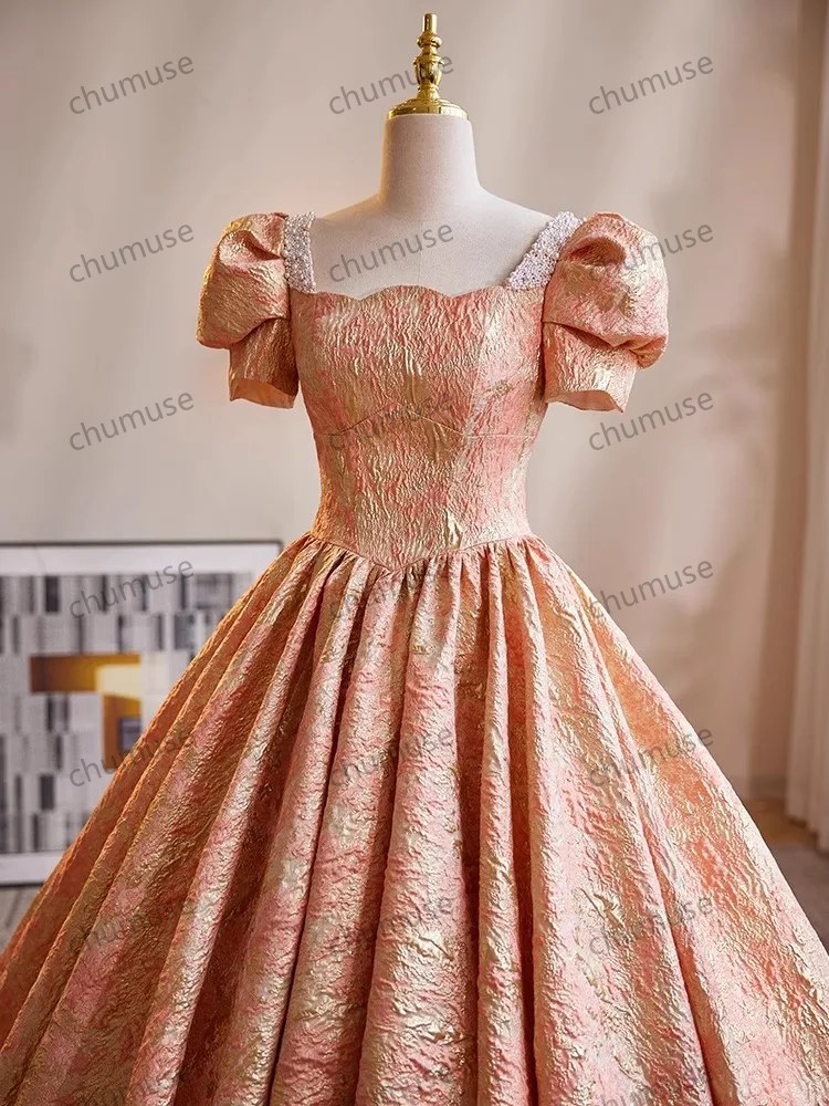 Customized Formal Prom Dress Retro Beading Pearls Square Collar Puff Sleeve Ball Gown Elegant Women Long Banquet Party Dress