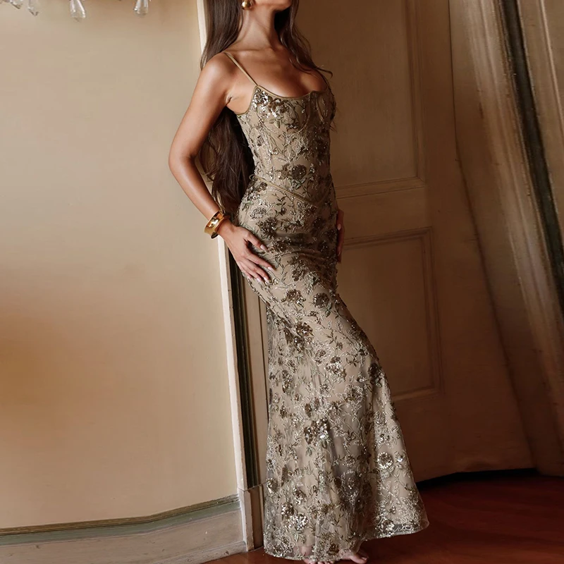 Sexy Backless Bandage Lace-Up Long Dress Women's Elegant Off Shoulder Height Waist Suspender Dress Casual Sleeveless Shinny Gowns