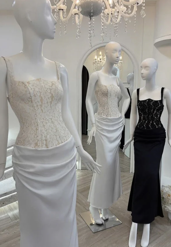 Sexy Mermaid Spaghetti Strap Lace Satin Long Prom Dress Evening Dress