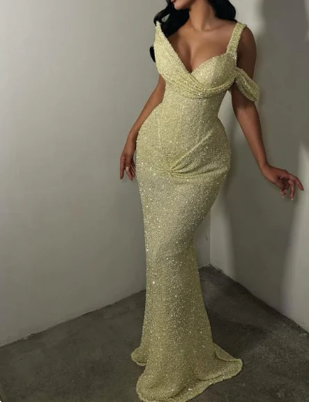 Sexy One-shoulder Mermaid Yellow Long Prom Dresses Beads Yellow Evening Gowns