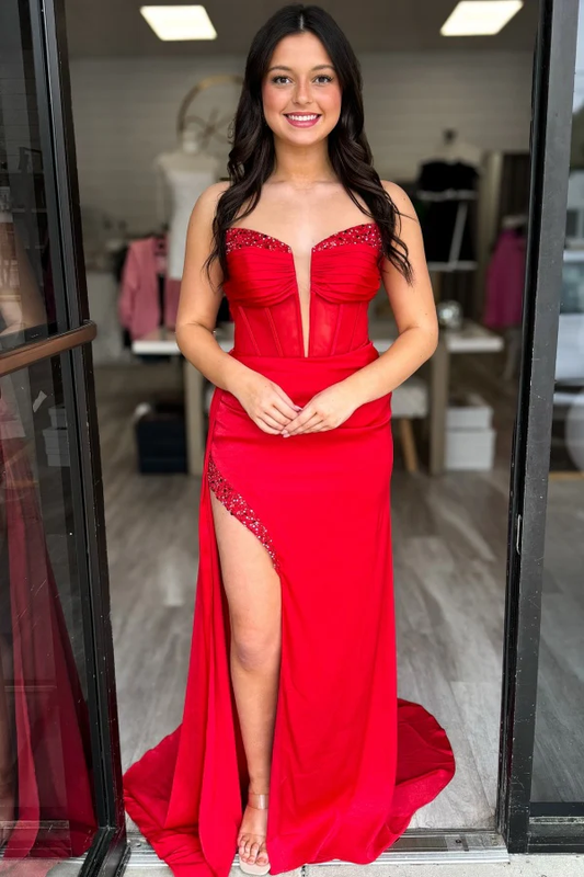 Sexy & Hot Sheath V Neck Sleeveless Pleated Beaded Prom Party Dress High Side Slit and Train Evening Gown Cocktail Dress Evening Dress