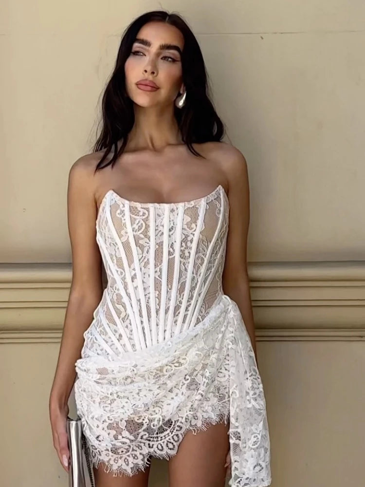 Sexy Strapless Lace Corset Draped Adjusted Dress Women White Black Red Lace Lace-up Bodycon Mini Dress Elegant Party Club Dress