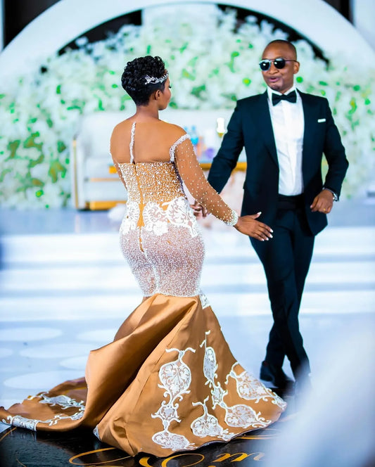 Aso Ebi Plus Size Gold Mermaid Wedding Dresses Lacefull Full Sleeves Lace Crystals Bridal Gowns Dress Vestidos De Novia