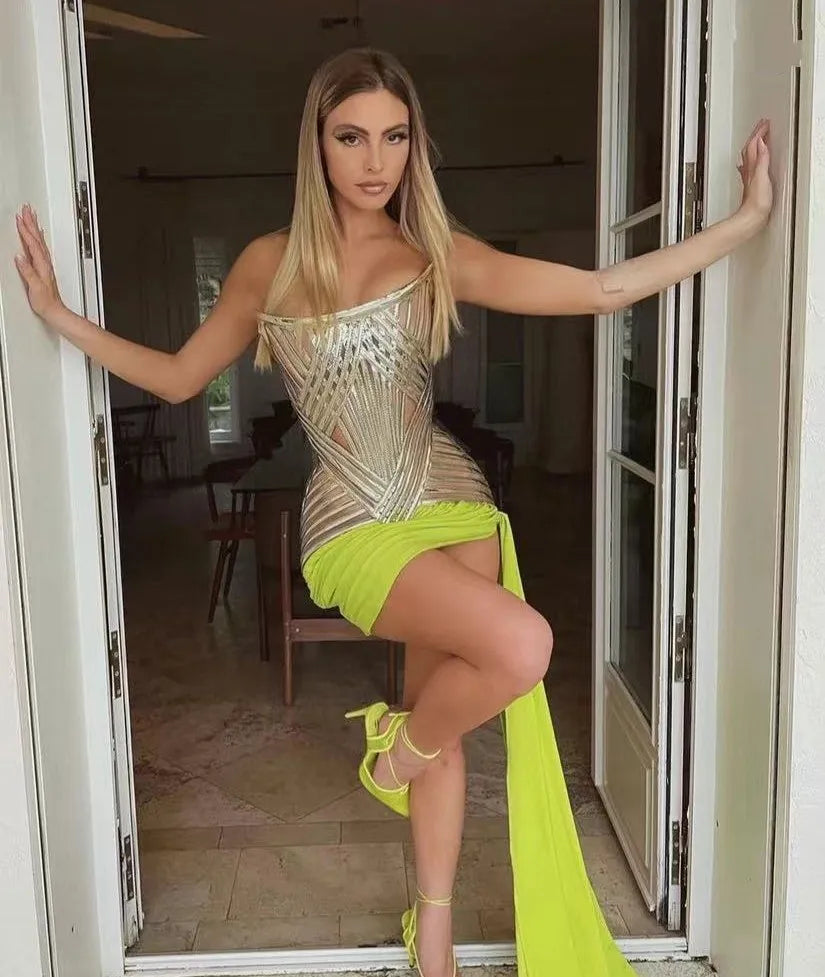 Colored Prom Gowns Transparent 2025 Couture Off Shoulder Short Celebrity Gown Overlay See Through Sexy Formal Party Dress