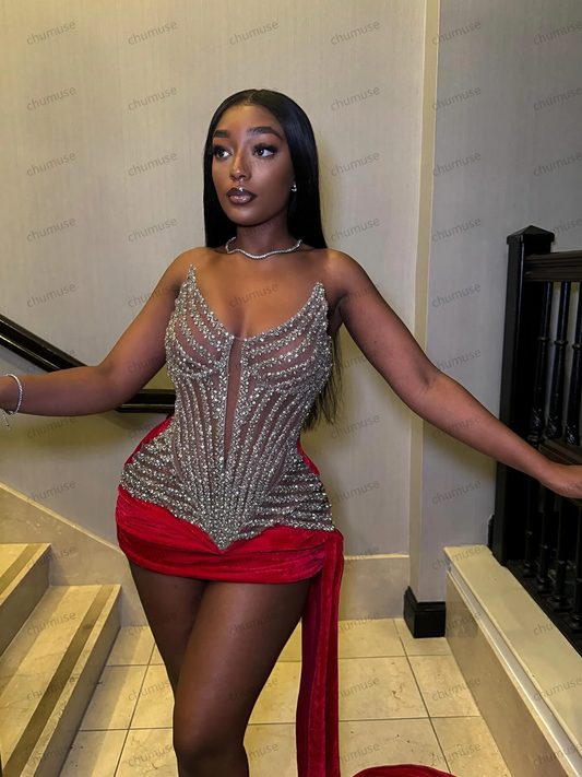 Minivestidos de coquetel com cristais brilhantes e contas, decote em V sexy, lantejoulas, renda, sereia, vestidos de baile, Aso Ebi, miçangas, vestido de festa formal