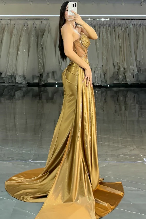 Sheath Strapless Sleeveless Beaded Pleated Prom Party Dress High Side Slit and Train Evening Formal Gown