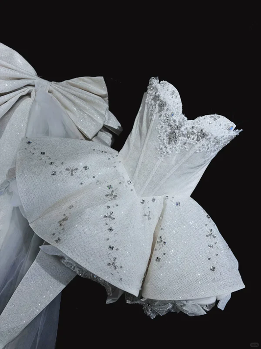 Shiny A Line Sweetheart Neck Beaded White Sequin Bow Short Homecoming Dresses Birthday Dresses