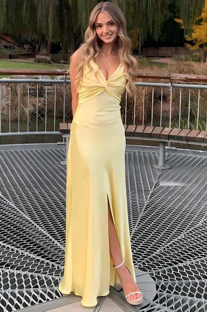 Spaghetti Straps V-Neck Pleats Satin Sleeveless Long Party Prom Dress