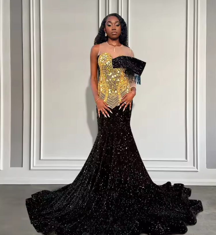 Sparkly Black Sequin Prom Dresses One Sleeve Long Mermaid Black Girl Prom Gowns with Gold Crystals Customized