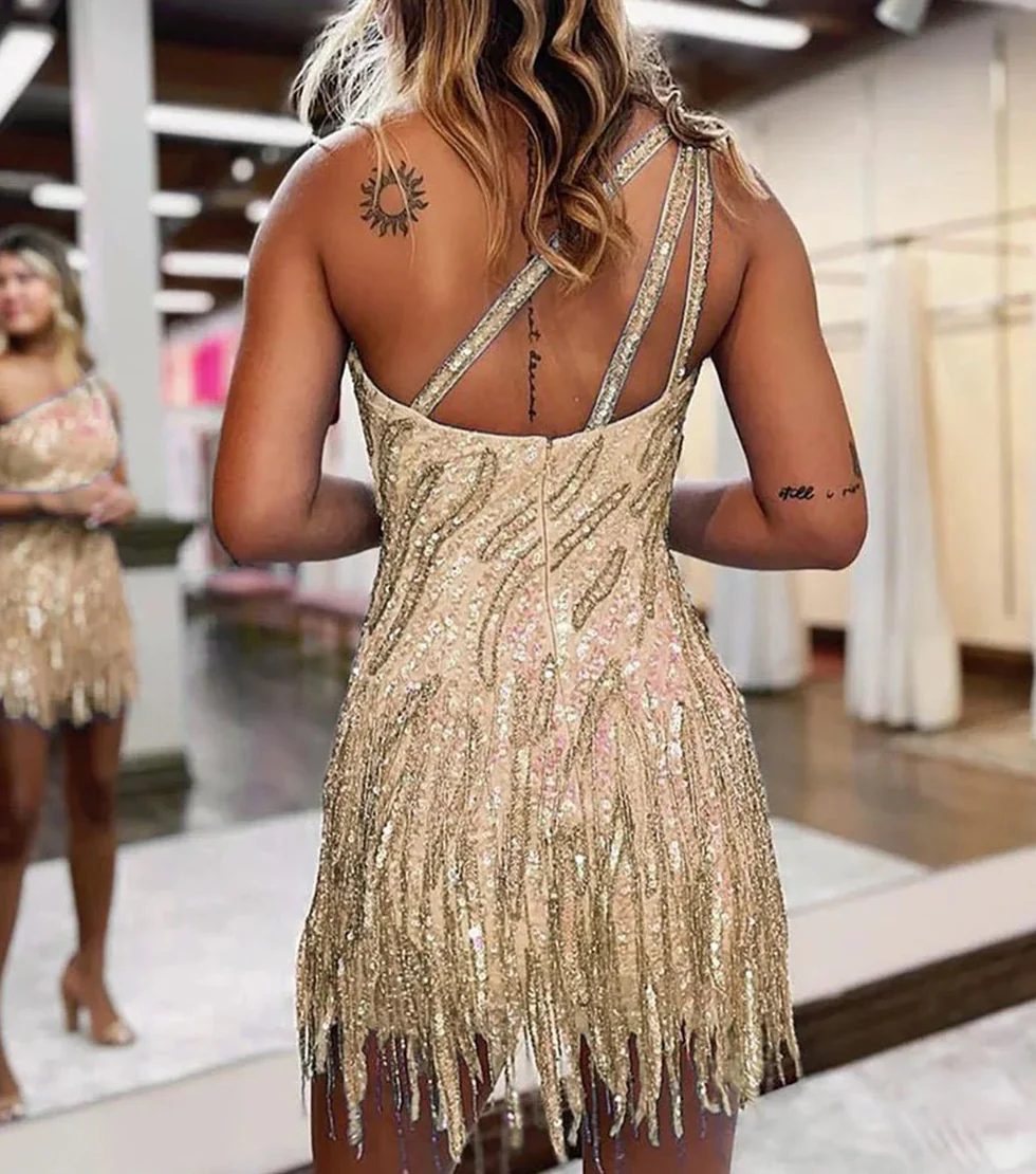 Sparkly Blue One Shoulder Sequins Tight Short Hoco Dress with Fringes