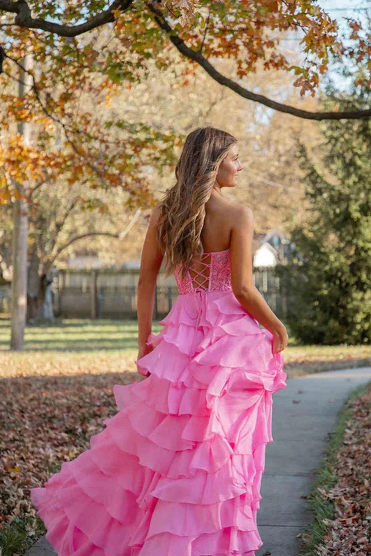 Strapless Appliques Chiffon Tiered Prom Dress with High Side Slit